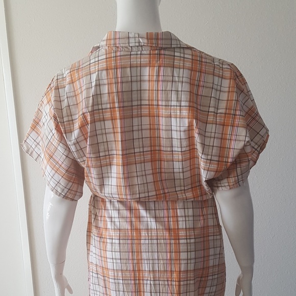 Plaid Drawstring Dress - Casual Collared Short Sleeve Button Down with Pocket - Picture 7 of 8